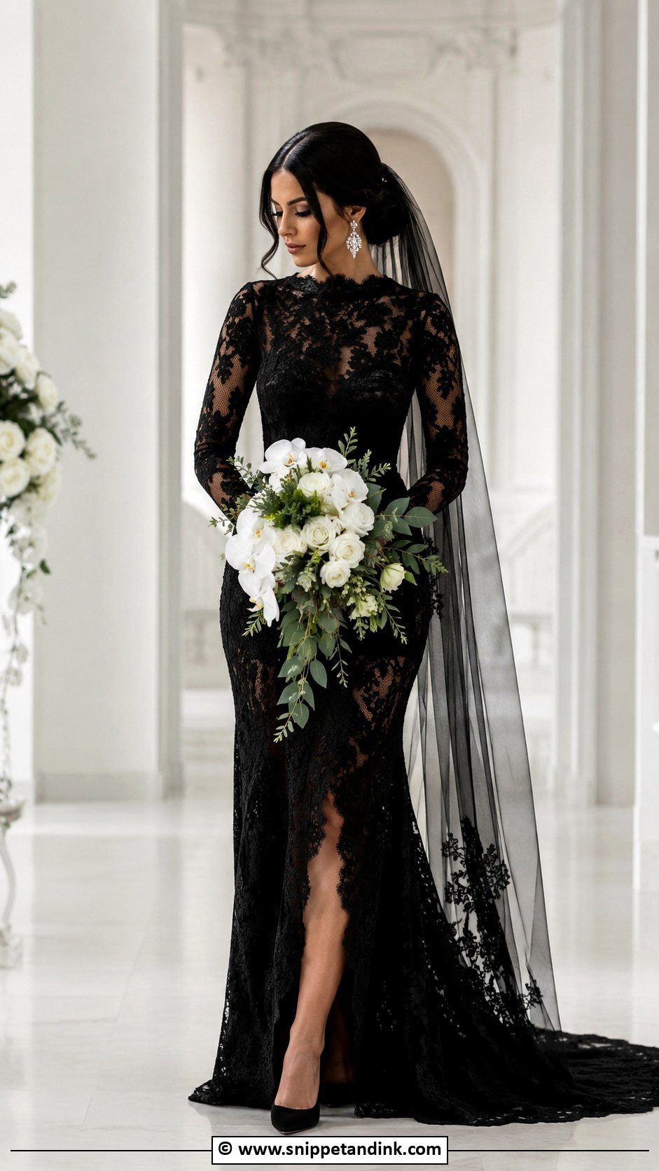Black Lace Wedding Dress With Crystal Earrings - Snippet and Ink - 30 Colorful Wedding Dress Ideas