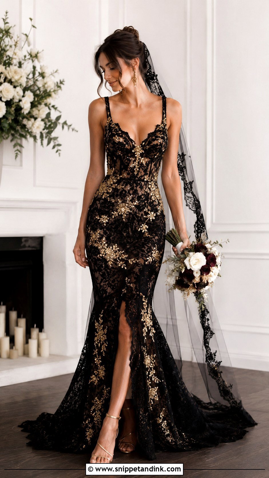 Black Lace Wedding Dress With Gold Details - Snippet and Ink - 25 Black and Gold Wedding Dress Ideas