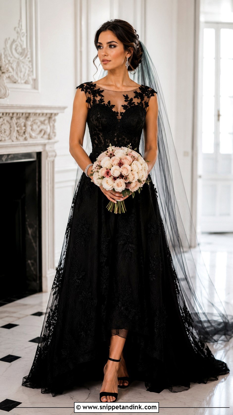 Black Lace Wedding Dress With Illusion Neckline - Snippet and Ink - 20 Elegant Black Lace Wedding Dress Ideas