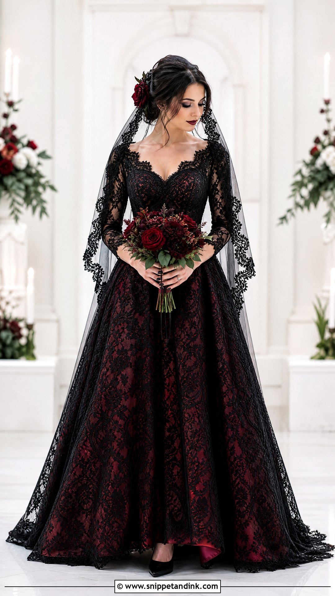 Black Lace Wedding Dress With Red Underskirt - Snippet and Ink - 25 Red and Black Wedding Dress Ideas