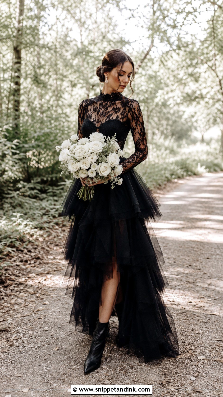 Black Lace Wedding Dress in a Forest - Snippet and Ink - 20 Black Wedding Dress Photoshoot Ideas