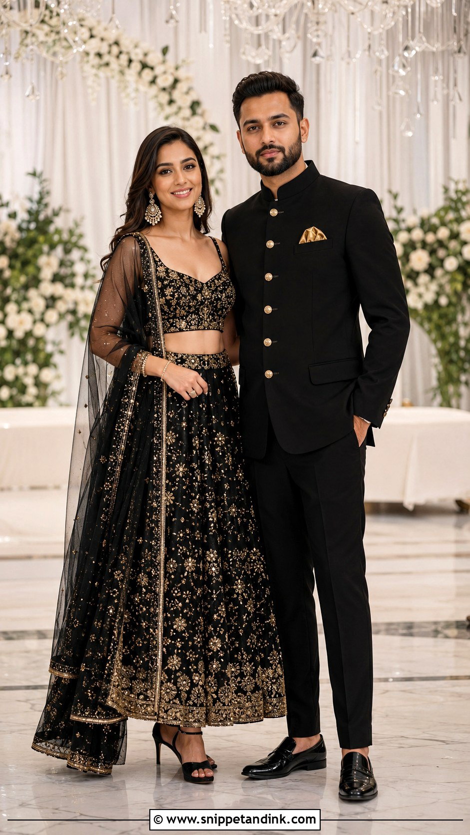 Black Lehenga And Gold Bandhgala For Reception - Snippet and Ink - 20 Couple Matching Dress Indian Wedding Ideas