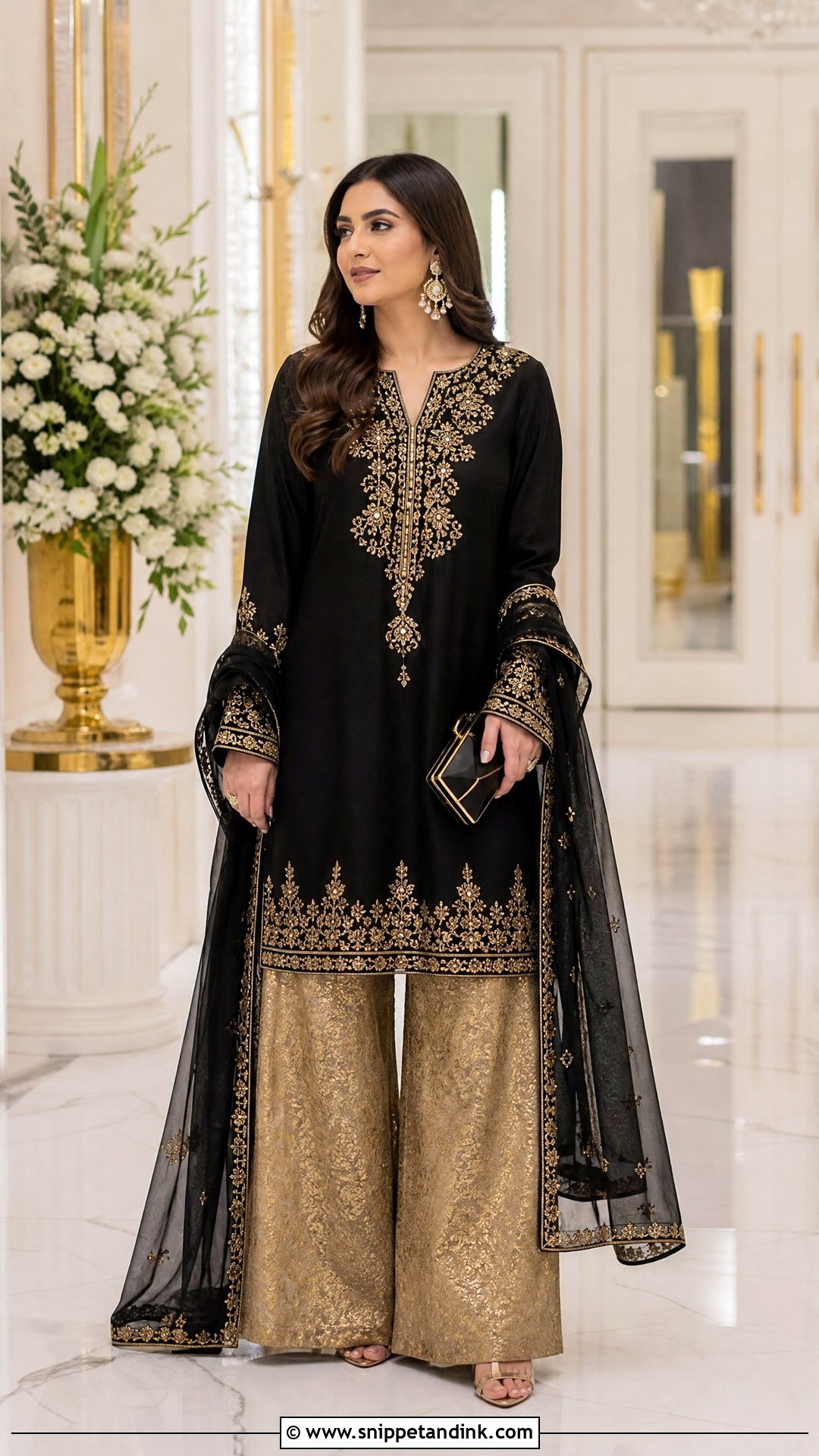 Black Long Shirt With Gold Palazzo - Snippet and Ink - 25 Pakistani Long Shirt Wedding Dress Ideas