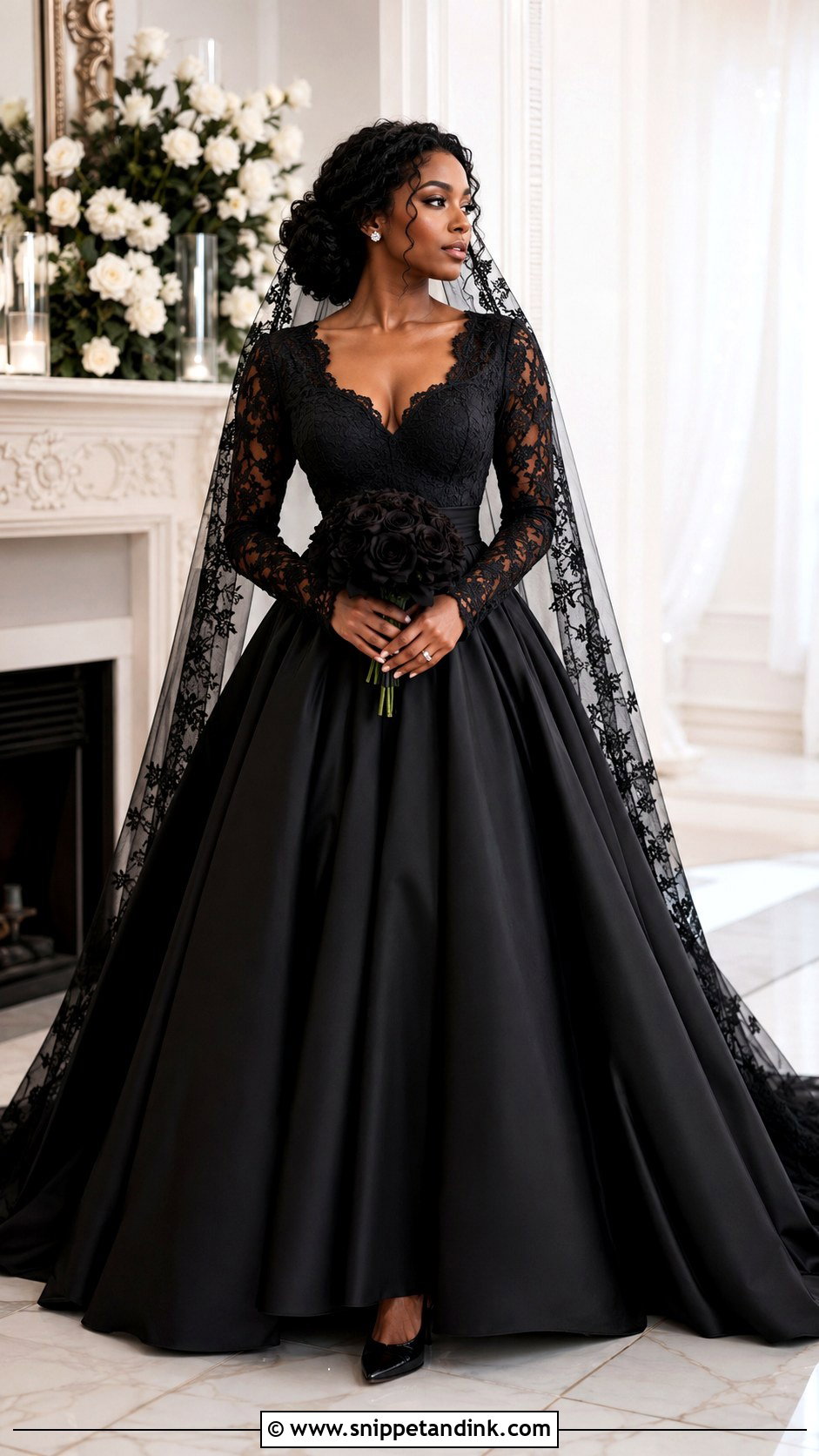 Black Long Sleeve Ballgown Wedding Dress With Lace Veil - Snippet and Ink - 20 Ballgown Wedding Dress Black Woman Ideas