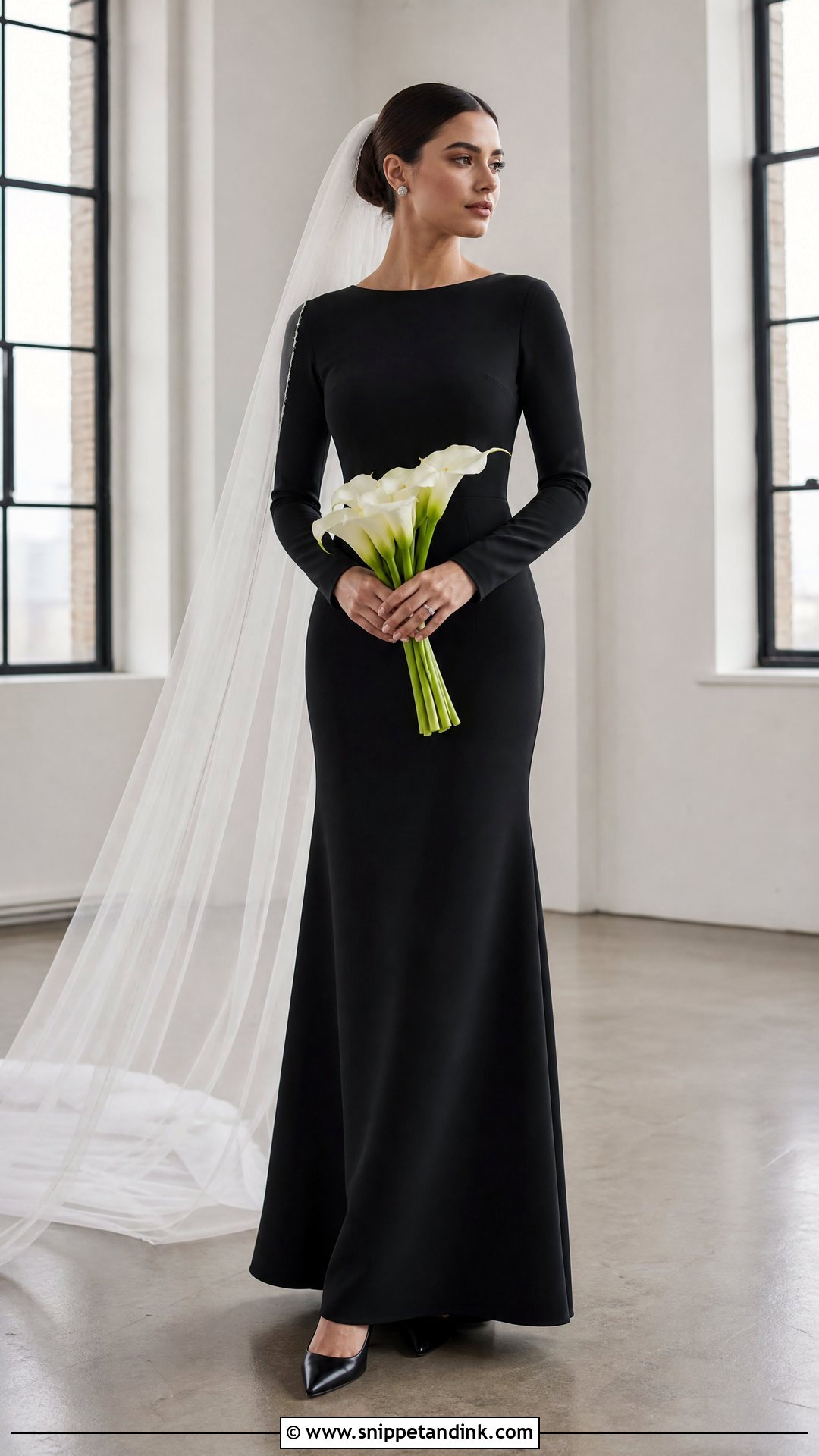 Black Long Sleeve Crepe Wedding Dress - Snippet and Ink - 25 Simple Black Wedding Dress Ideas
