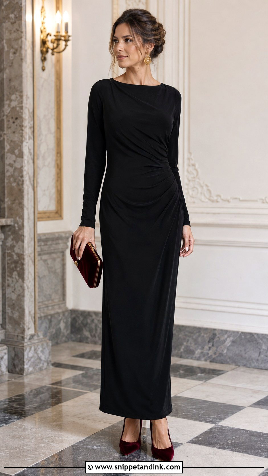 Black Long Sleeve Dress With Velvet Accessories - Snippet and Ink - 20 Dressing Up a Black Dress for a Wedding Ideas