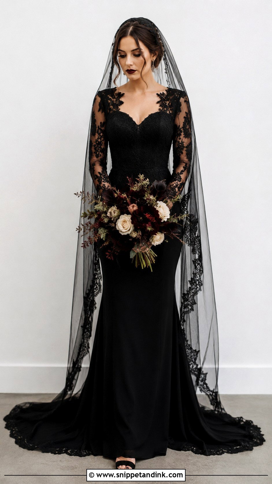 Black Long Sleeve Gothic Wedding Dress - Snippet and Ink - 30 Gothic Black Wedding Dresses