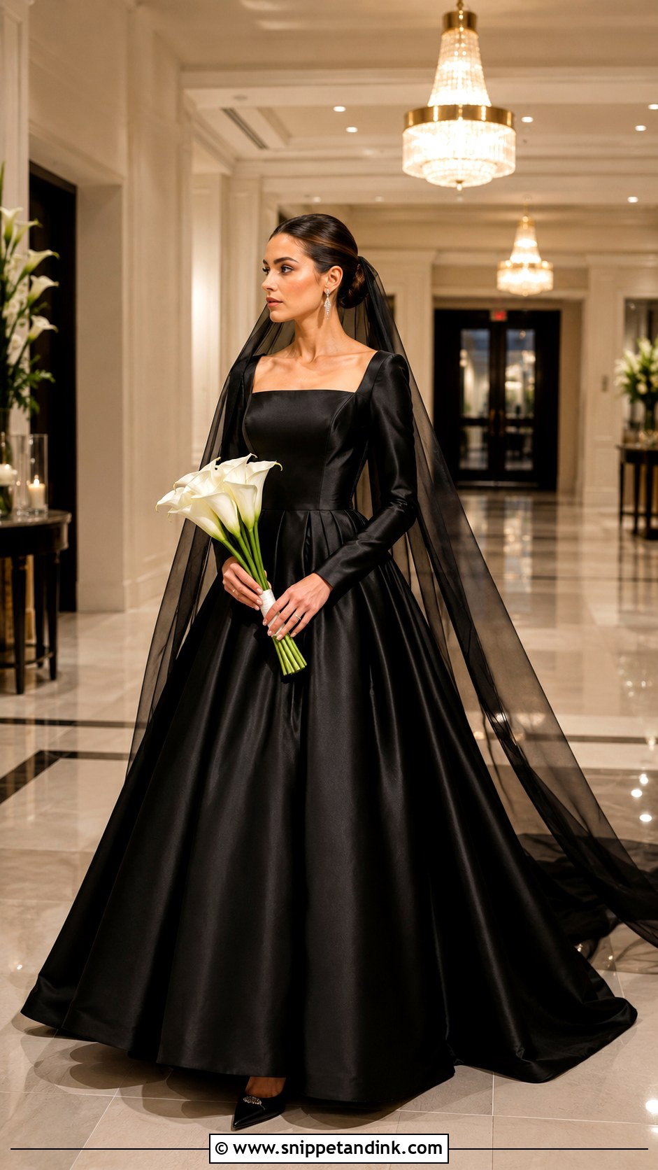Black Long Sleeve Satin Ball Gown - Snippet and Ink - 20 Black Long Sleeve Wedding Dress Ideas