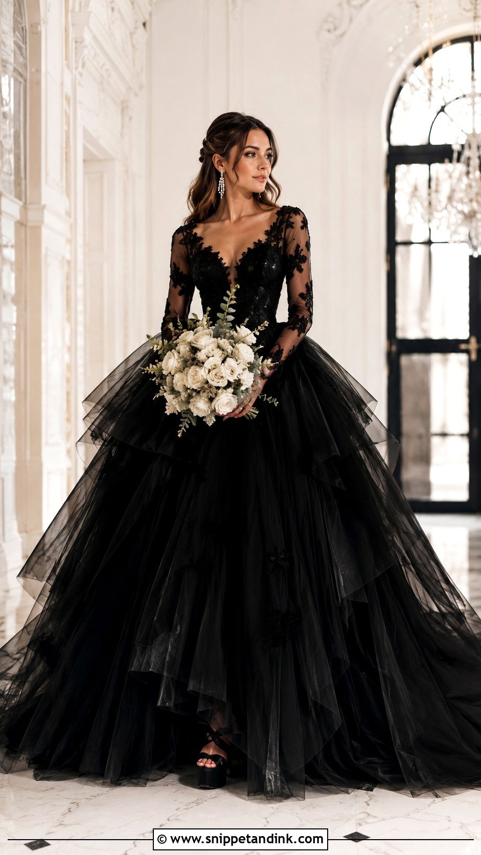 Black Long Sleeve Tulle Ball Gown - Snippet and Ink - 20 Black Long Sleeve Wedding Dress Ideas