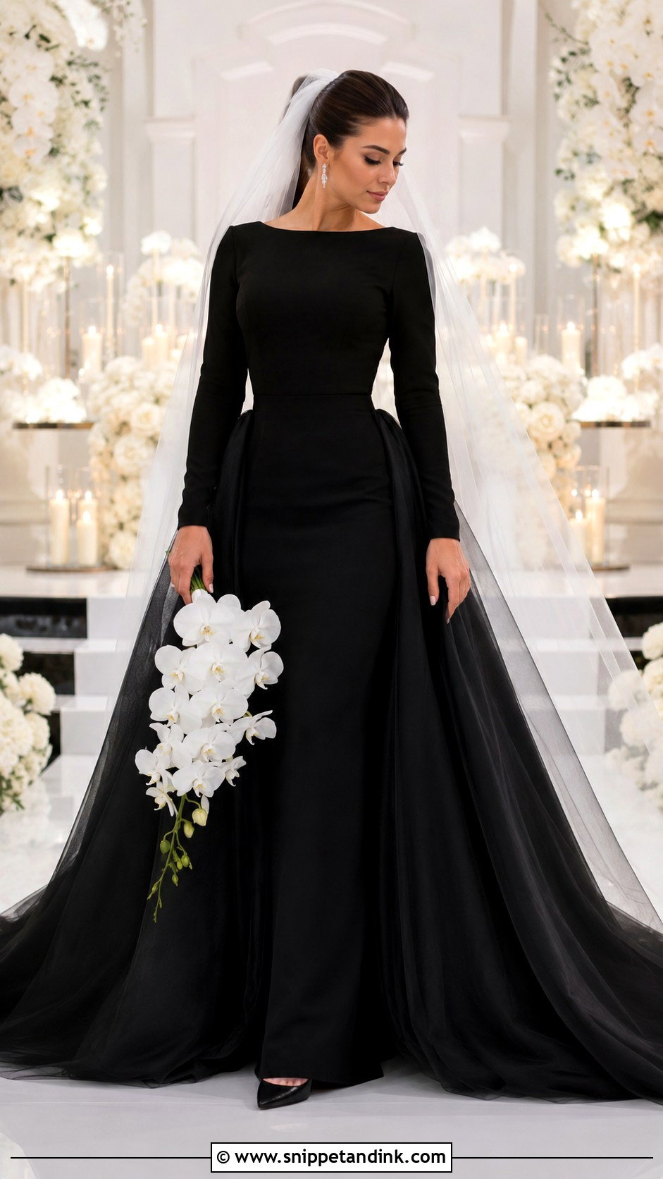 Black Long Sleeve Wedding Dress With Detachable Train - Snippet and Ink - 20 Black Long Sleeve Wedding Dress Ideas