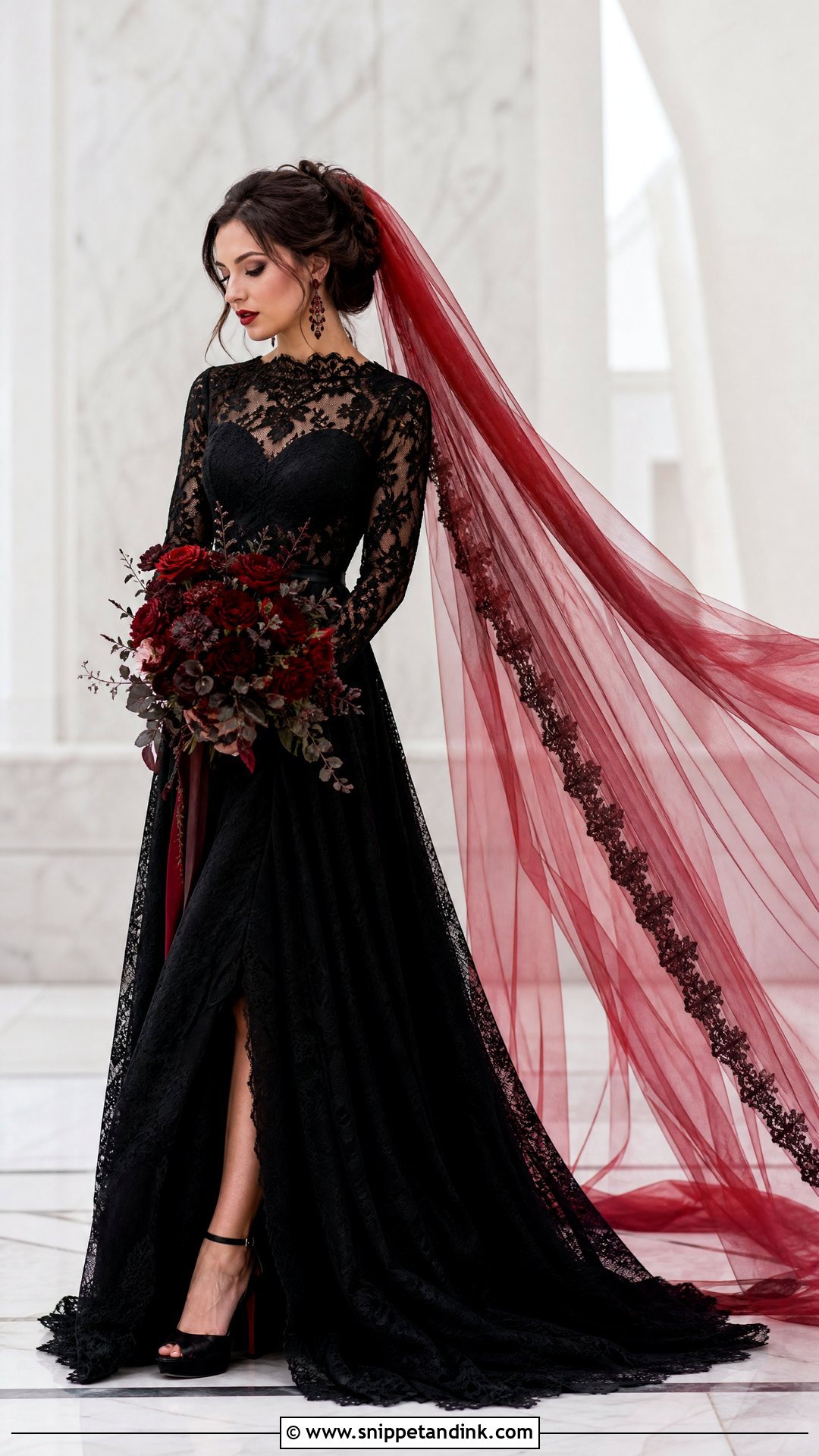 Black Long Sleeve Wedding Dress With Red Veil - Snippet and Ink - 25 Red and Black Wedding Dress Ideas