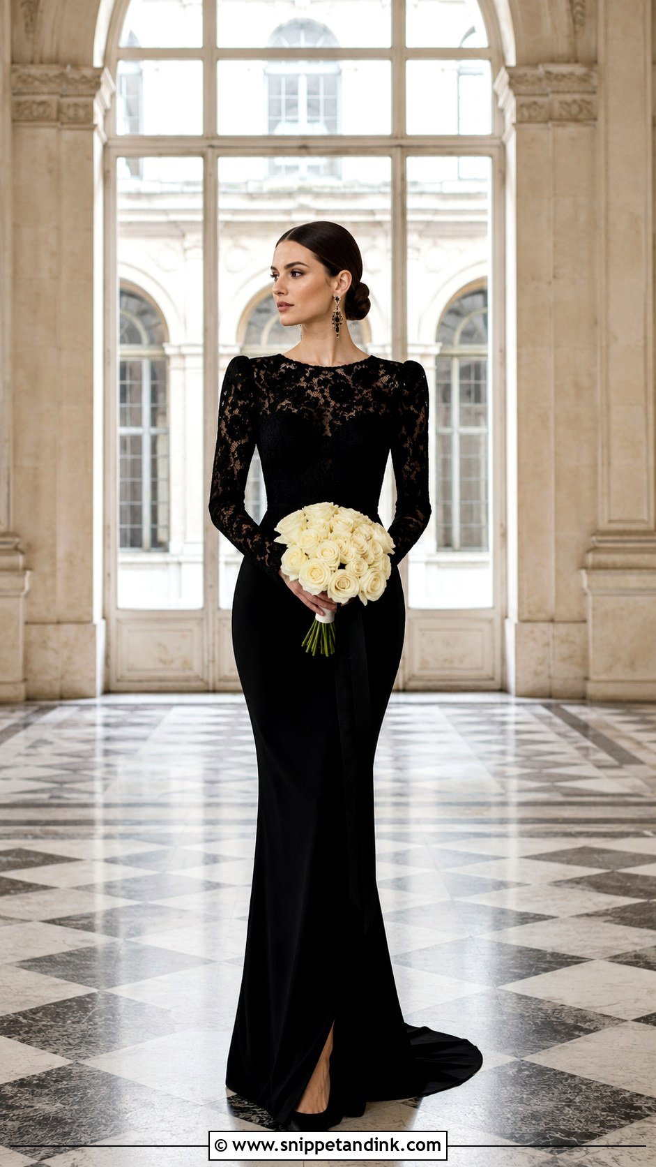 Black Long Sleeve Wedding Dress in a Historic Hall - Snippet and Ink - 20 Black Wedding Dress Photoshoot Ideas