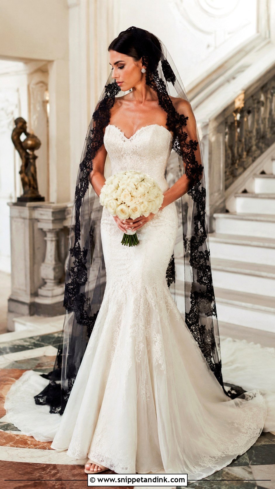 Black Mantilla Veil With Mermaid Wedding Dress - Snippet and Ink - 20 Black Vail Bride Ideas