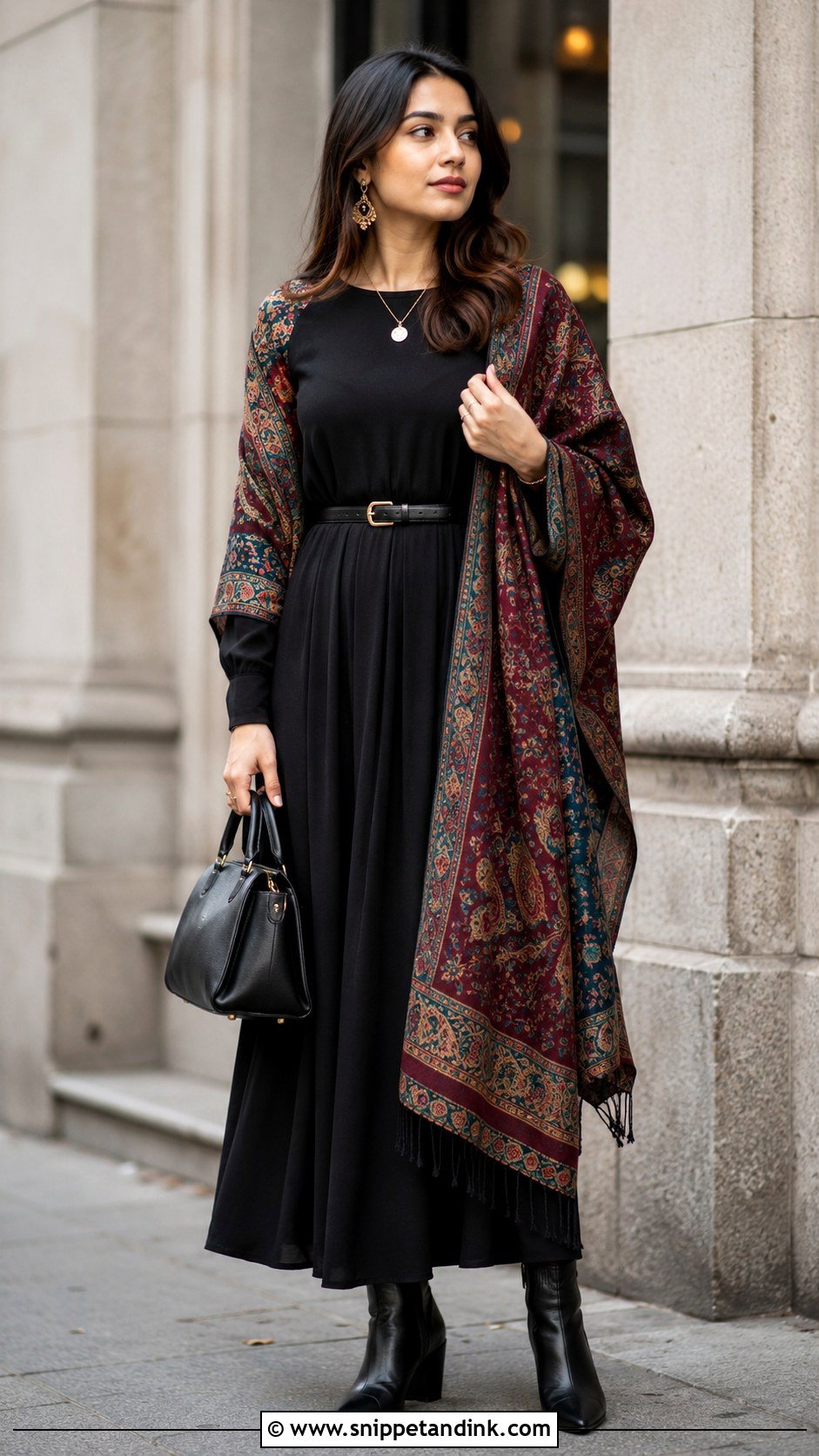 Black Maxi Dress With Paisley Shawl - Snippet and Ink - 20 Dress and Shawl Ideas