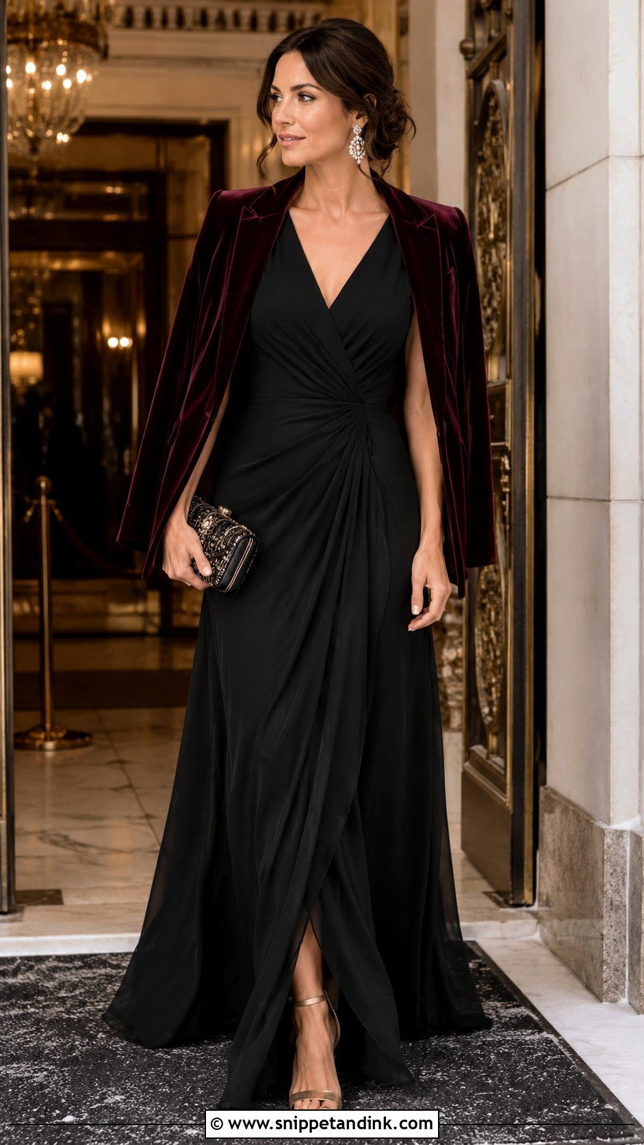 Black Maxi Dress and Velvet Blazer Wedding Outfit - Snippet and Ink - 20 Dress and Blazer Outfit Wedding Ideas
