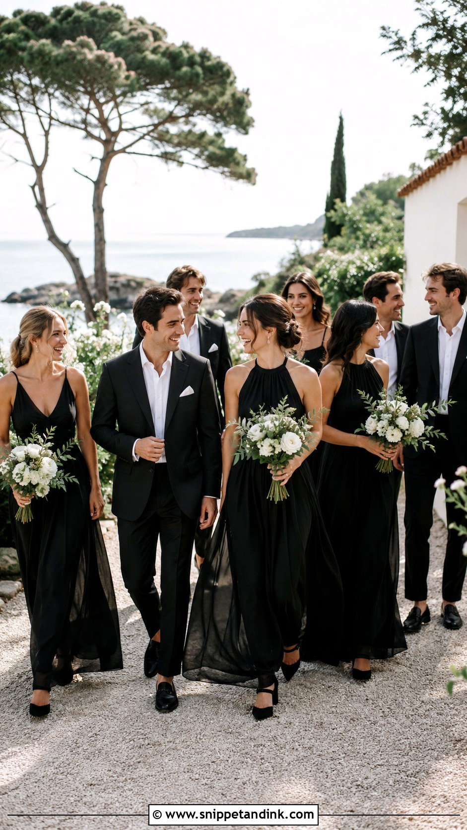 Black Maxi Dresses And Relaxed Black Suits - Snippet and Ink - 20 Black and White Wedding Party Attire Ideas