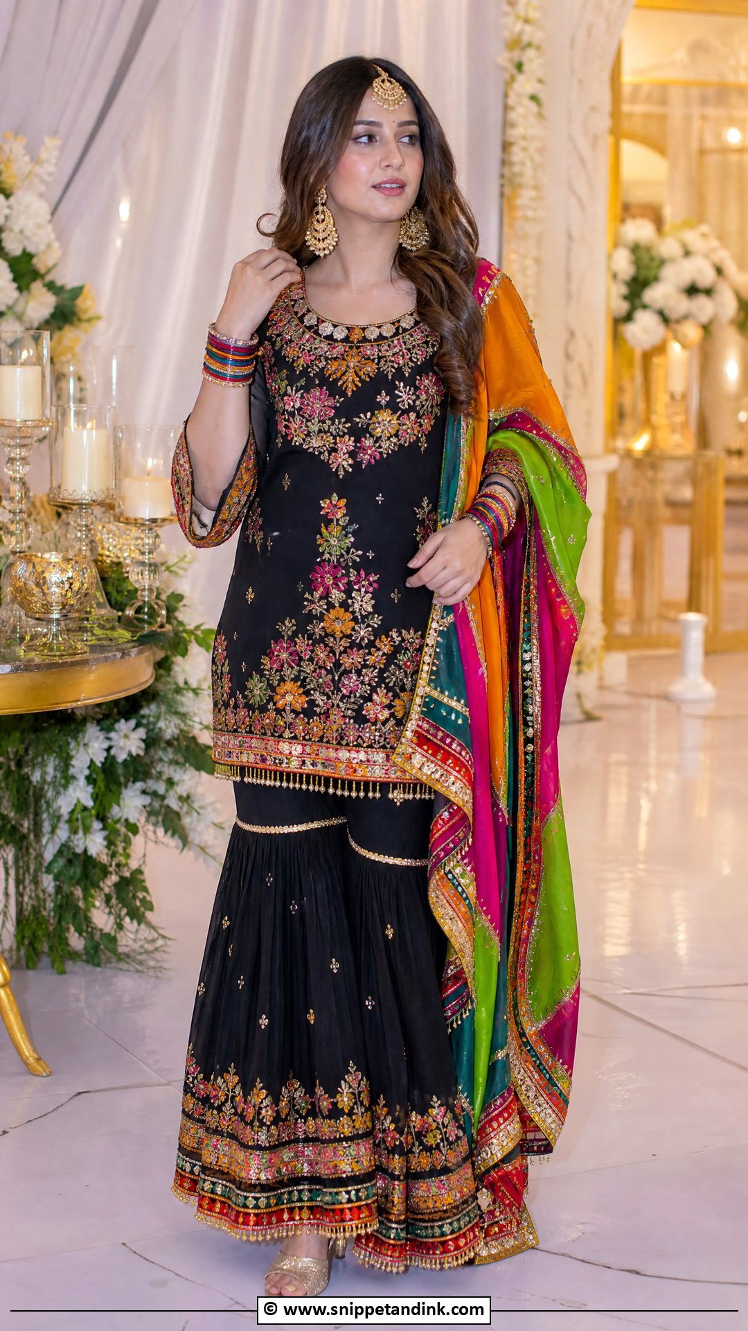 Black Mehndi Gharara With Colorful Embroidery - Snippet and Ink - 35 Mehndi Dresses