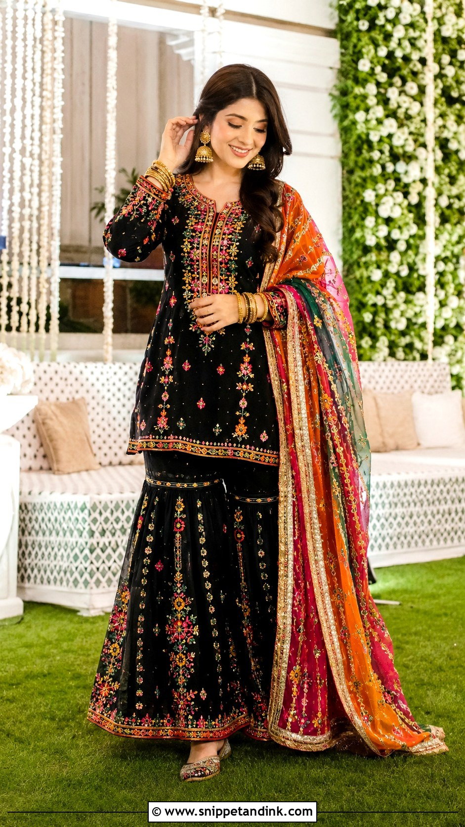 Black Mehndi Sharara With Colorful Work - Snippet and Ink - 25 Mehndi Sharara Outfit Ideas