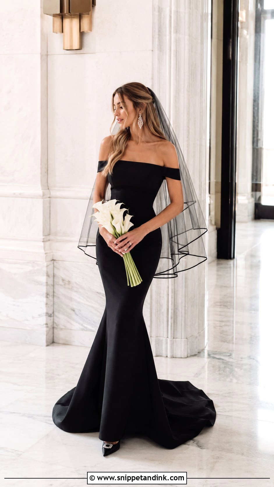 Black Mermaid Elopement Dress With Statement Earrings - Snippet and Ink - 20 Black Elopement Dress Ideas
