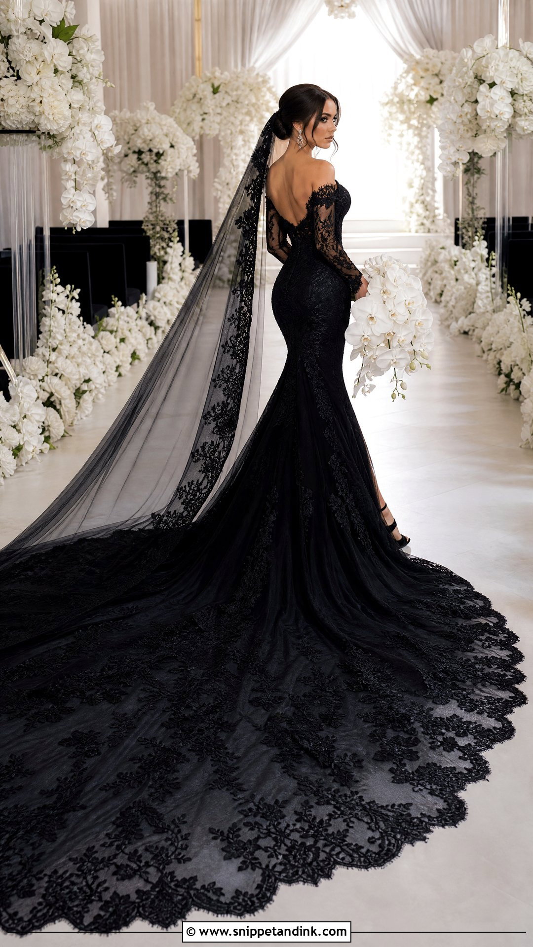 Black Mermaid Wedding Dress With Cathedral Train - Snippet and Ink - 25 Black Mermaid Wedding Dress Ideas