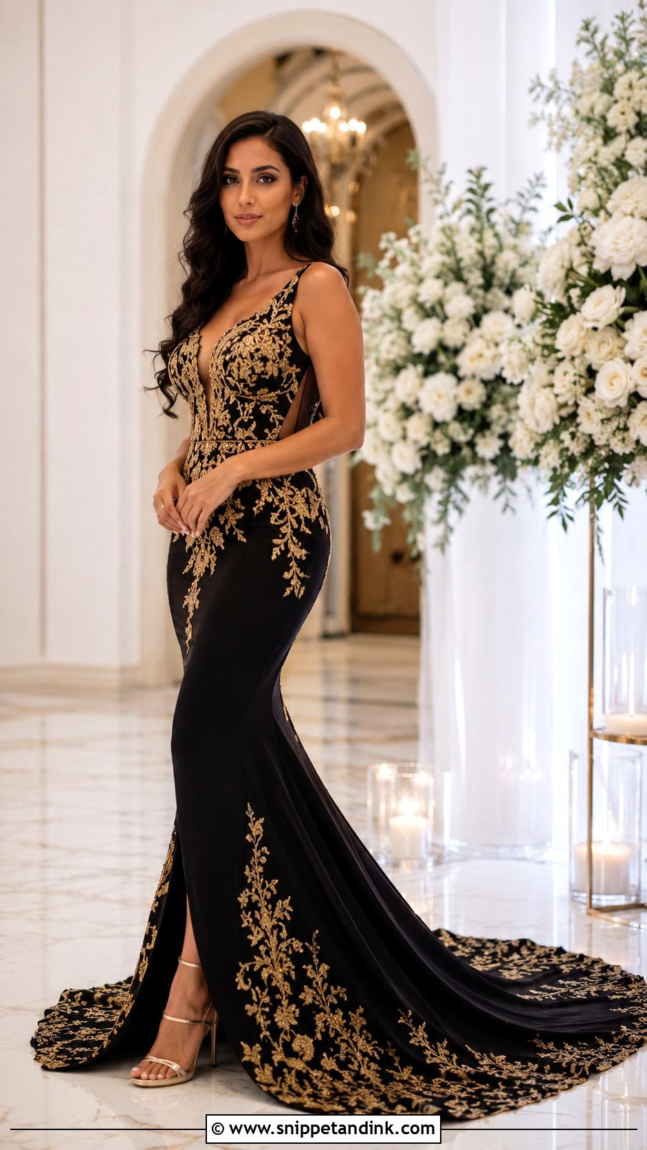 Black Mermaid Wedding Dress With Gold Embroidery - Snippet and Ink - 25 Black and Gold Wedding Dress Ideas