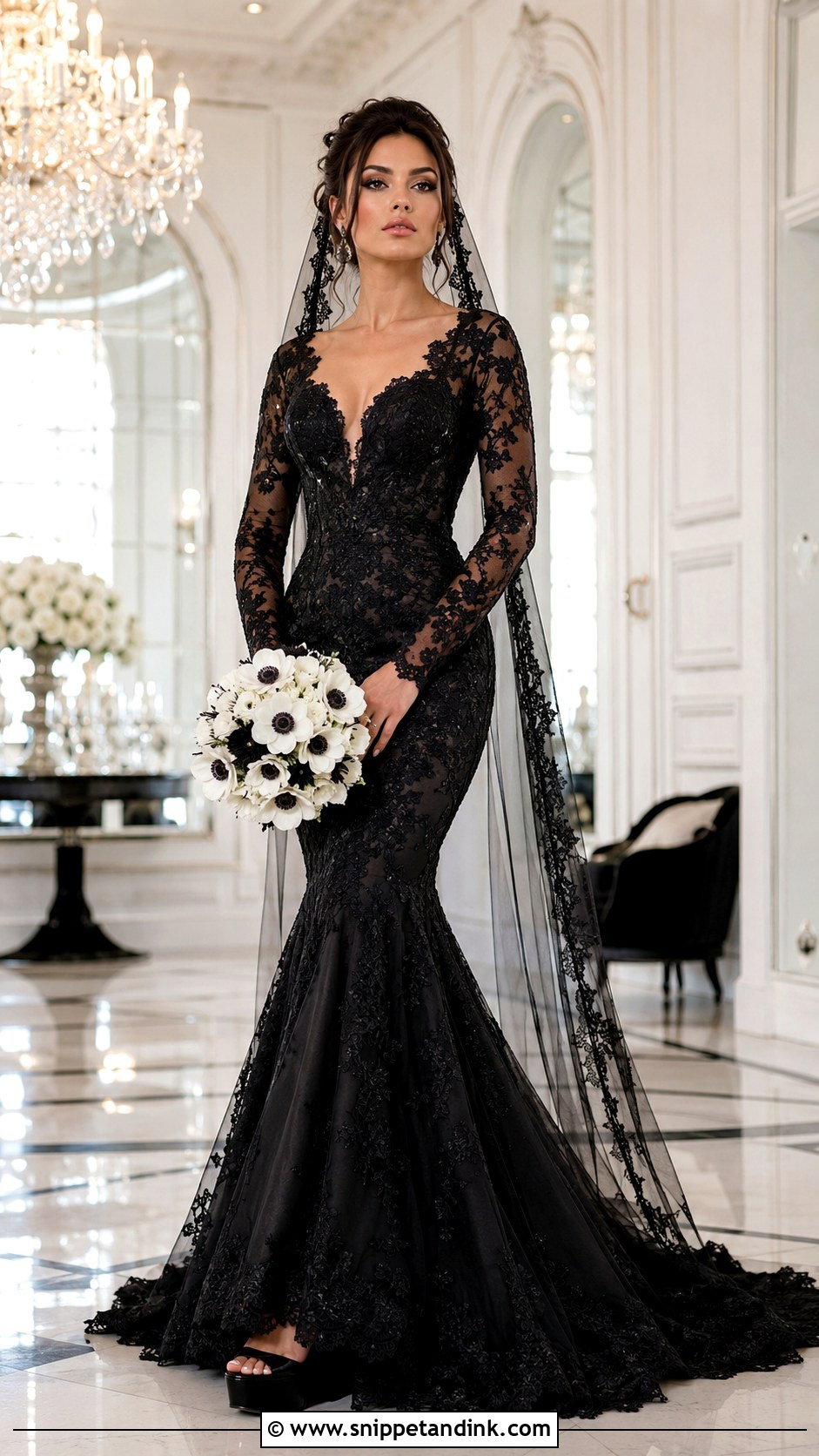 Black Mermaid Wedding Dress With Lace Sleeves - Snippet and Ink - 20 Black Wedding Dress with Sleeves
