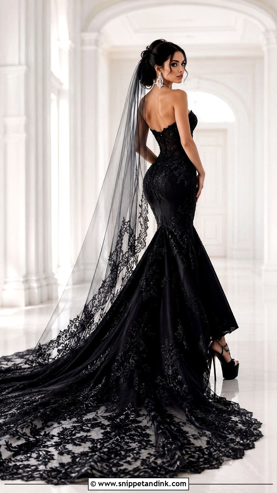 Black Mermaid Wedding Dress With Lace Train - Snippet and Ink - 20 Dark Wedding Dresses