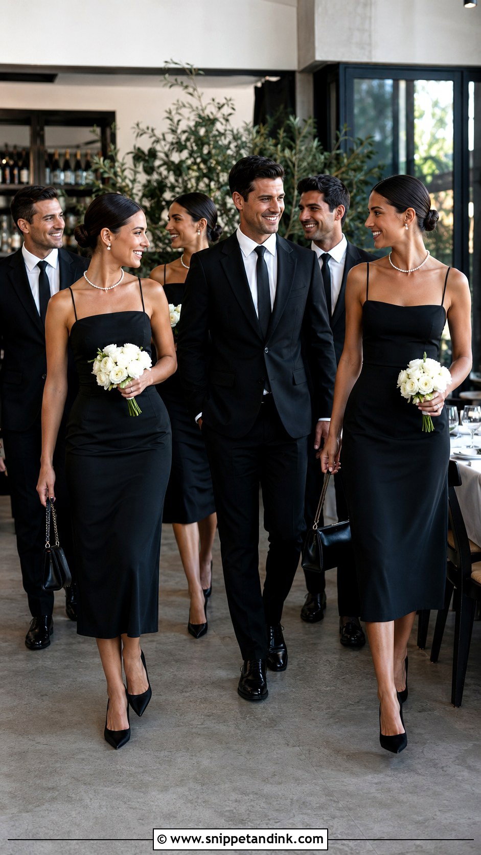 Black Midi Bridesmaid Dresses And Slim Black Suits - Snippet and Ink - 20 Black and White Wedding Party Attire Ideas