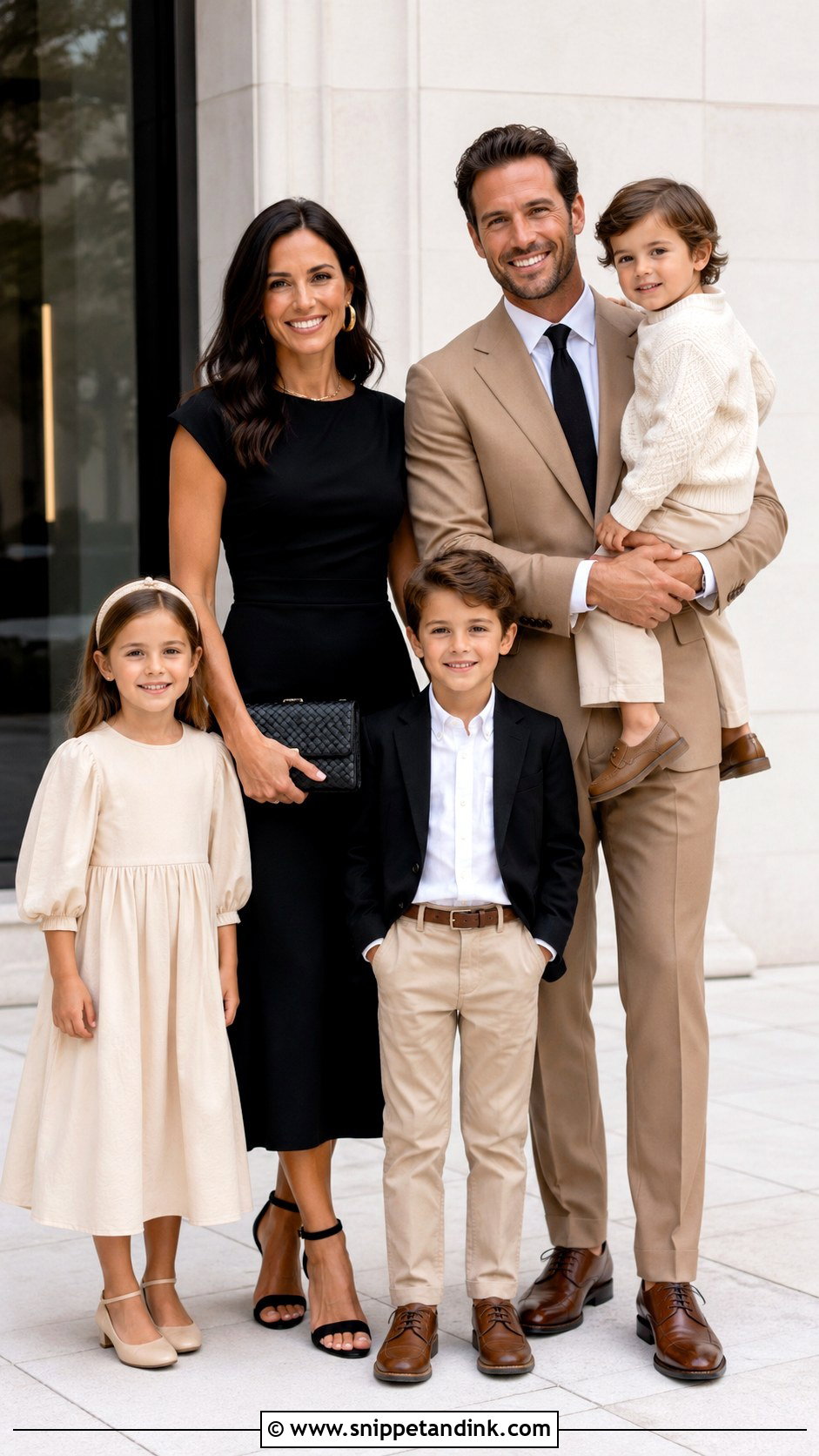 Black Midi Dress And Camel Suit Family Wedding Outfit - Snippet and Ink - 25 Family Wedding Outfits