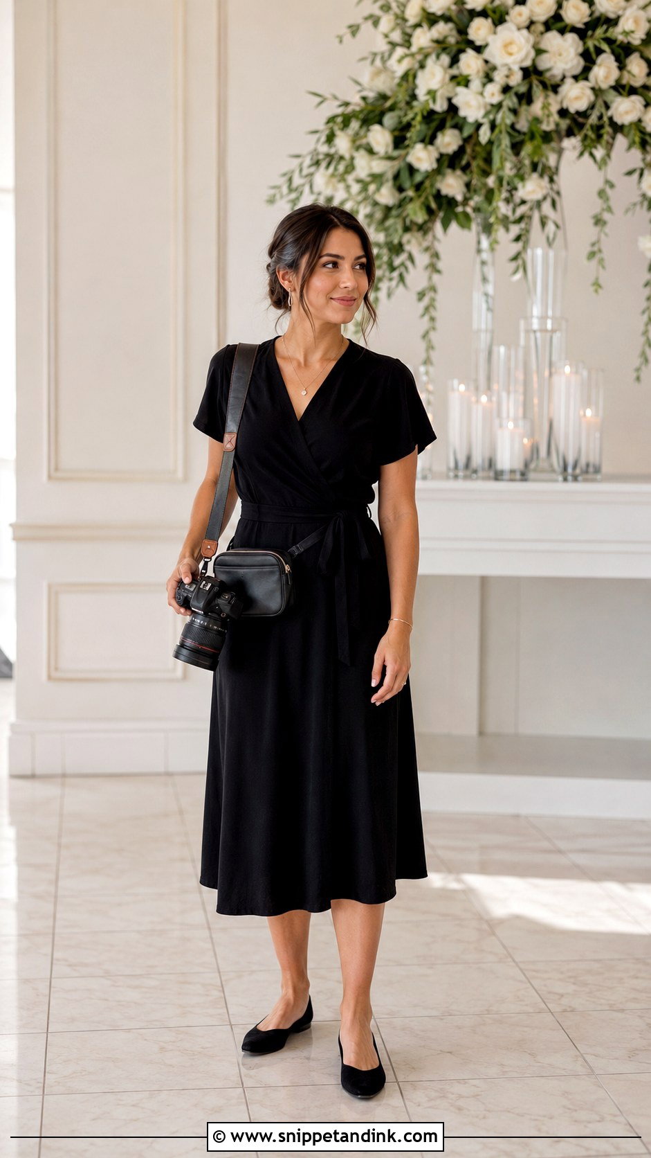 Black Midi Dress Wedding Photographer Outfit - Snippet and Ink - 30 Wedding Photographer Outfit Ideas