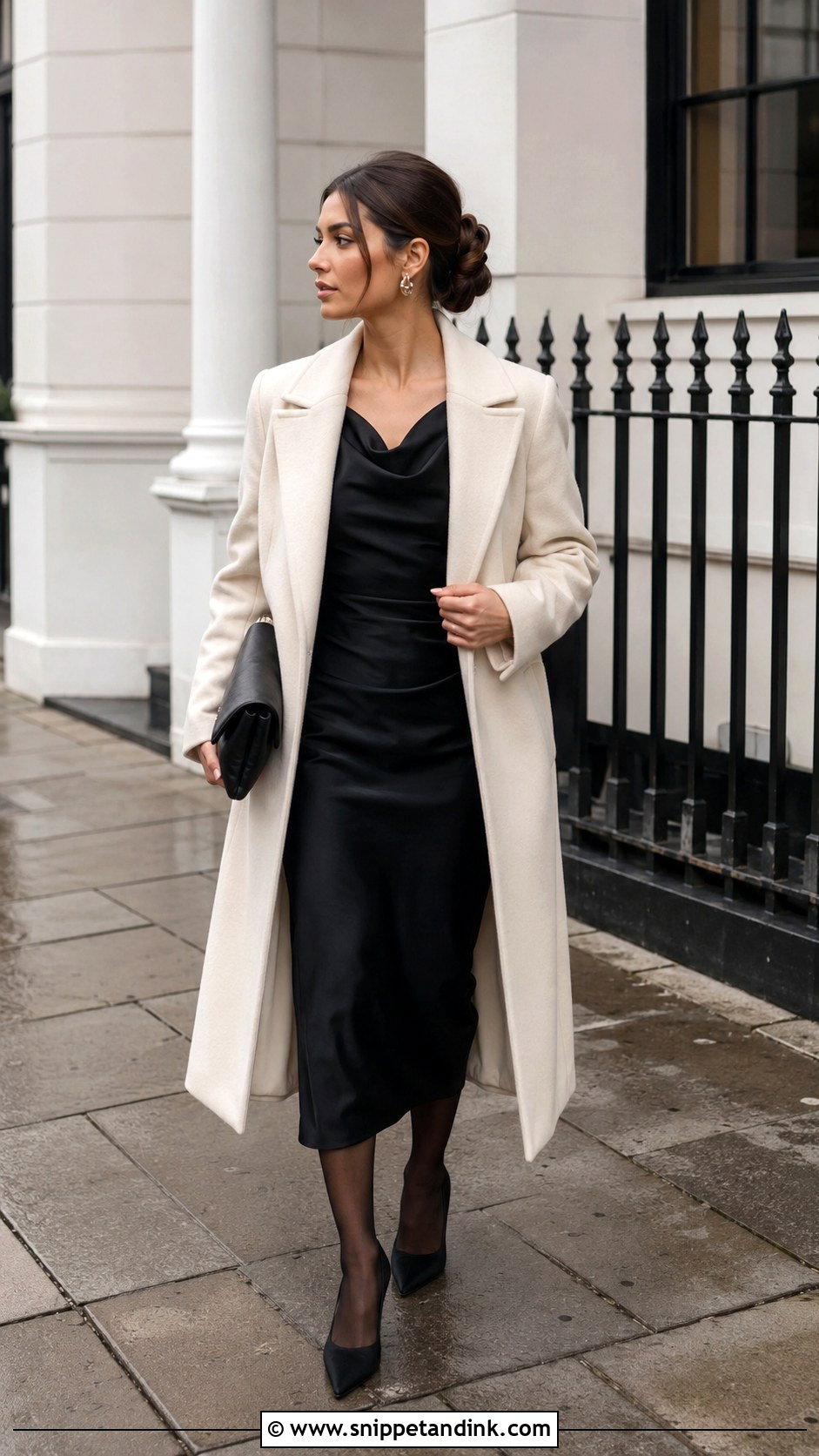 Black Midi Dress With Ivory Coat - Snippet and Ink - 25 Winter Civil Wedding Outfit Ideas