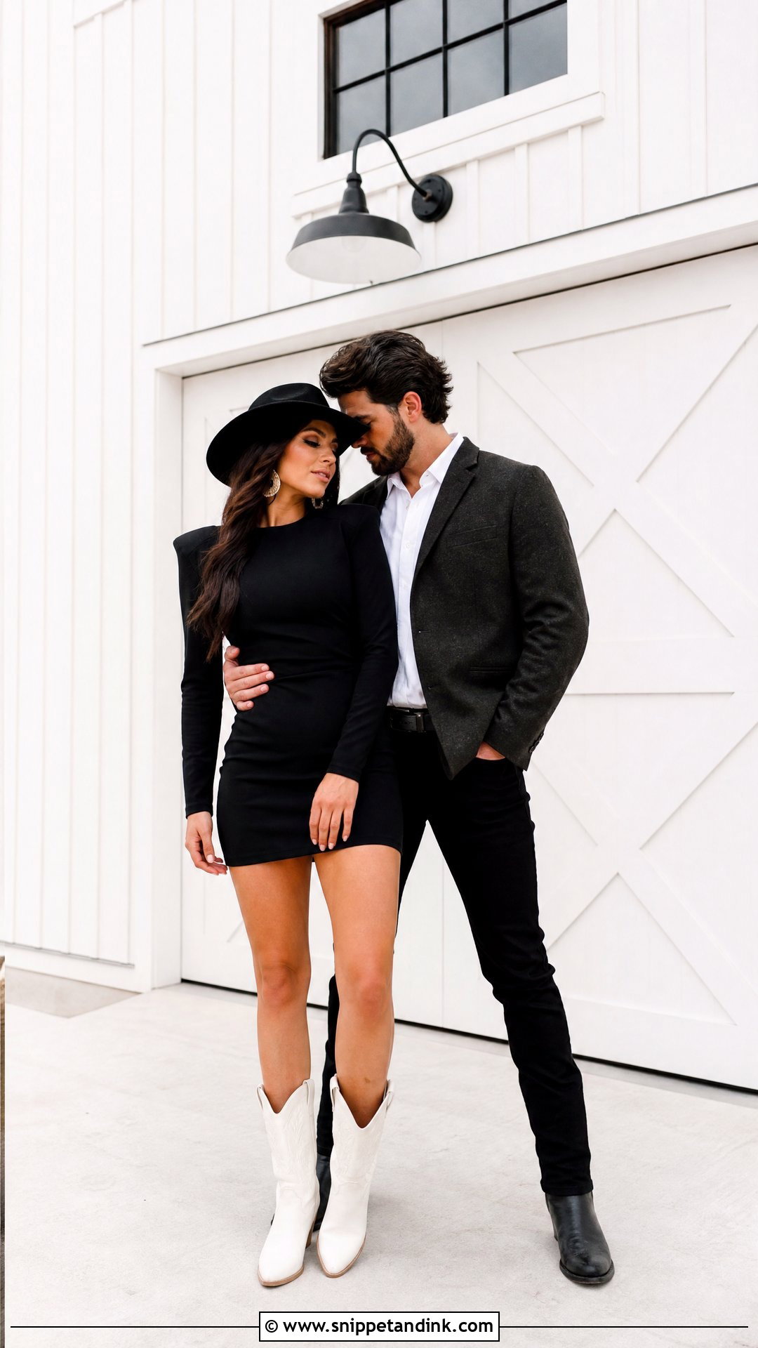 Black Mini Dress And White Cowboy Boots Outfit - Snippet and Ink - 20 Western Pre Wedding Shoot Outfit Ideas