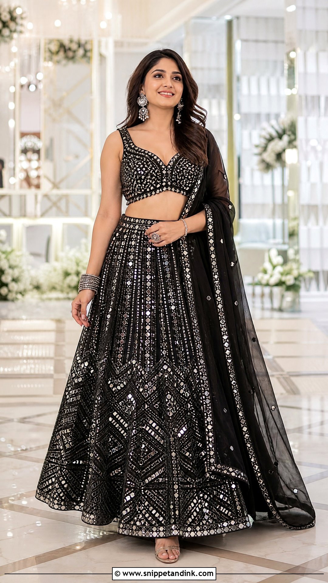 Black Mirror Work Lehenga For Sangeet - Snippet and Ink - 25 Black Sangeet Outfit Ideas