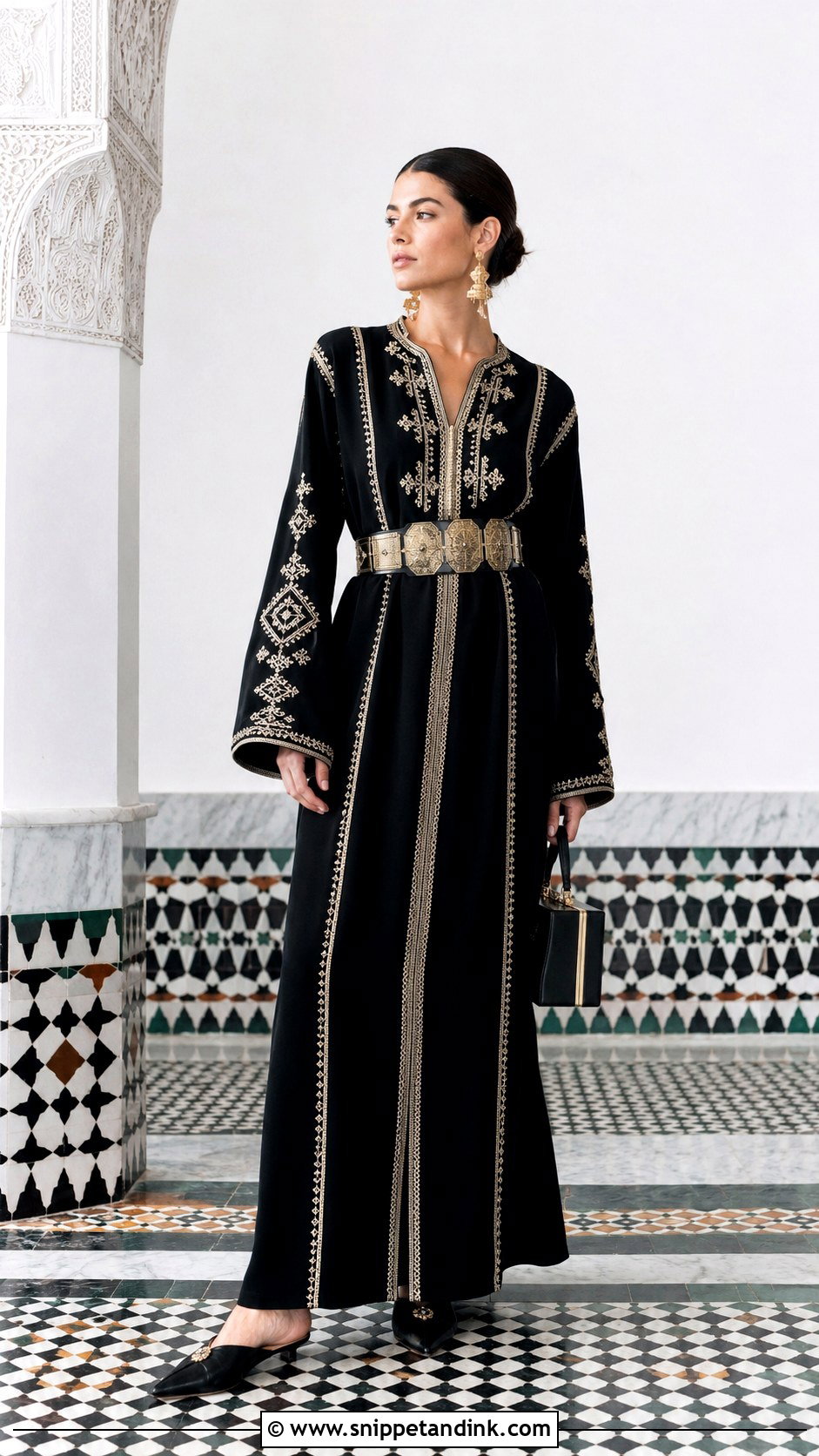 Black Moroccan Caftan With Geometric Embroidery - Snippet and Ink - 20 Black Moroccan Caftan Ideas