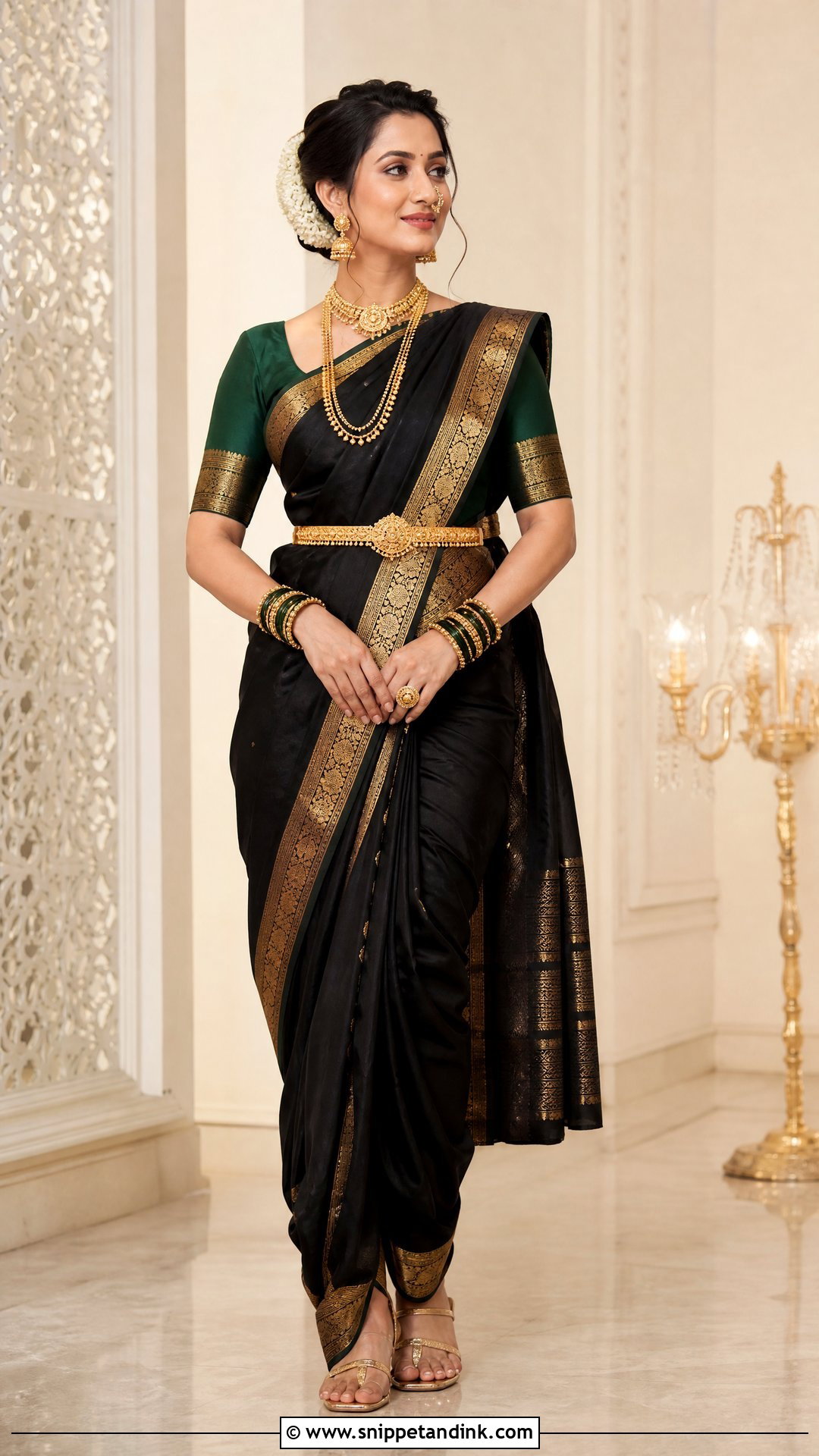 Black Nauwari Bride Look With Gold Border - Snippet and Ink - 25 Nauwari Bride Look Ideas