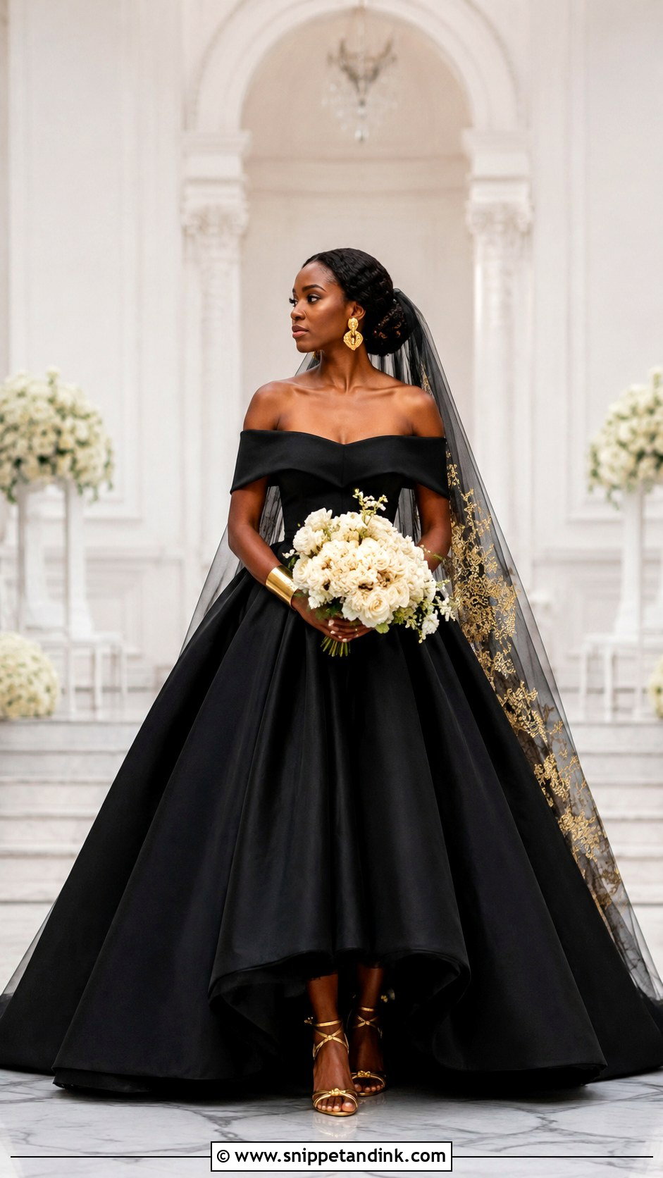 Black Off Shoulder Ballgown Wedding Dress With Gold Accessories - Snippet and Ink - 20 Ballgown Wedding Dress Black Woman Ideas