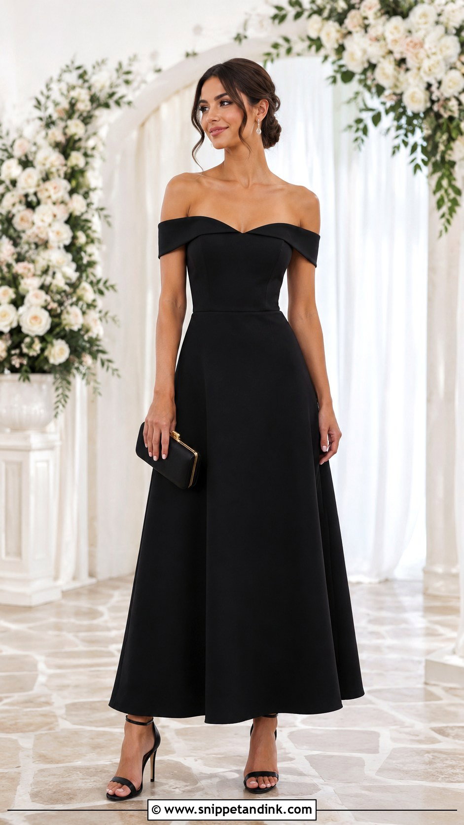 Black Off Shoulder Bridesmaid Dress Outfit - Snippet and Ink - 25 All Black Wedding Party Attire Ideas