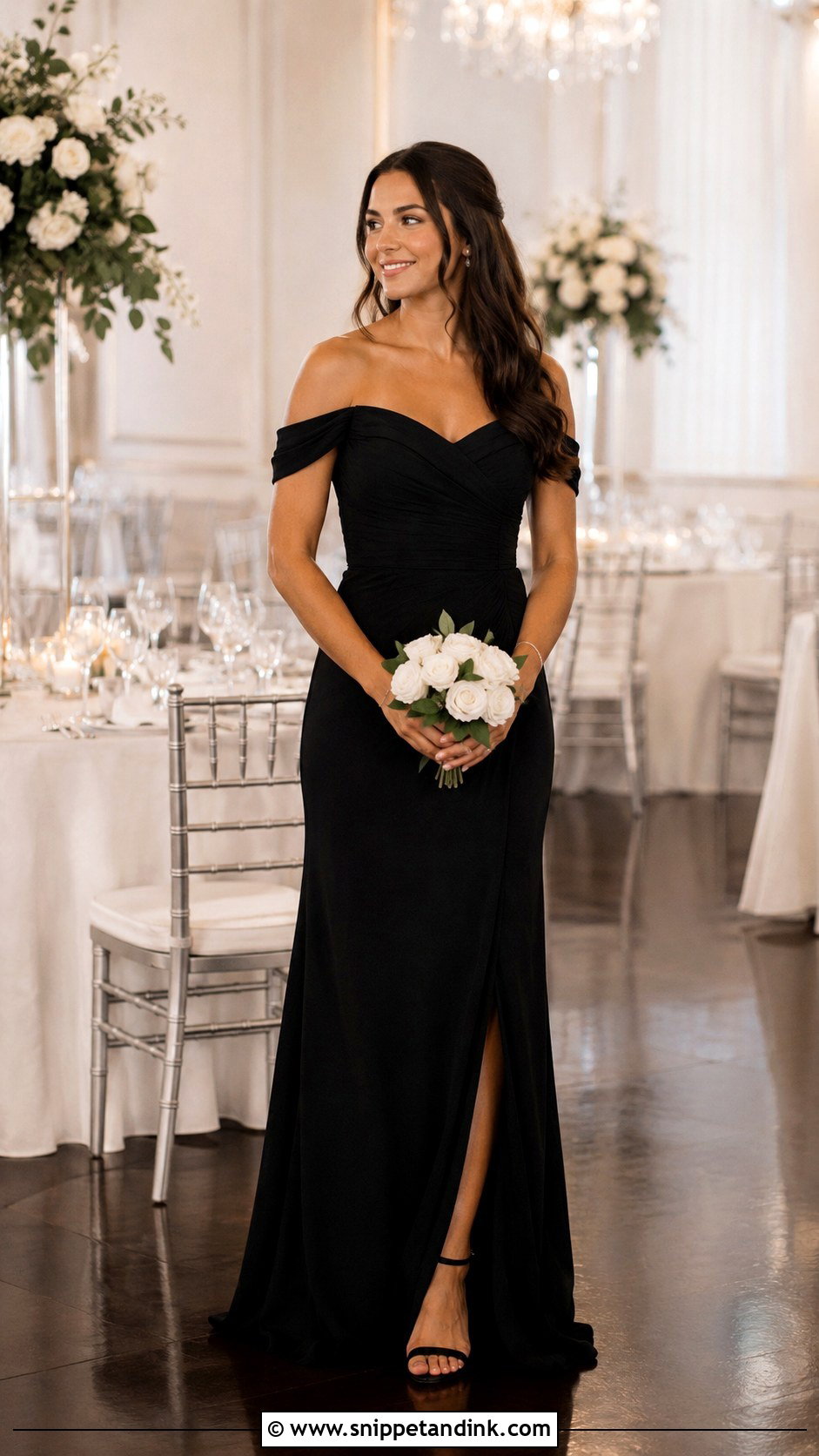 Black Off Shoulder Bridesmaid Dress Outfit - Snippet and Ink - 25 Black Bridal Party Attire Ideas