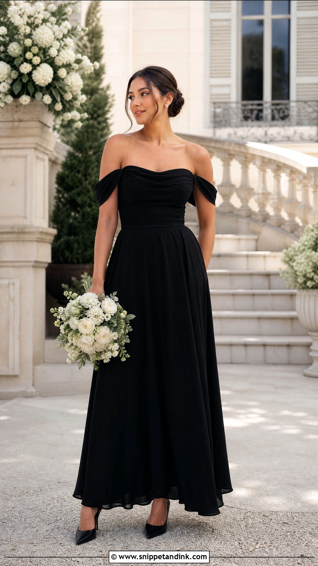 Black Off Shoulder Bridesmaid Dress - Snippet and Ink - 20 Black Bridal Party Dress Ideas