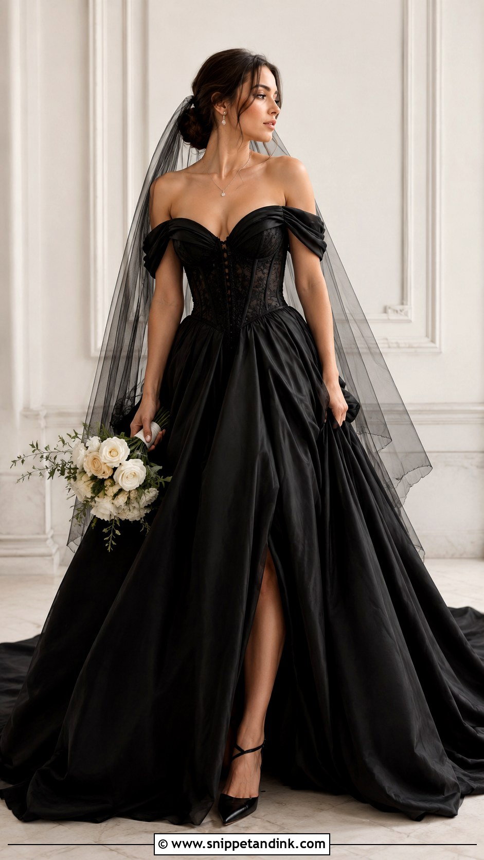 Black Off Shoulder Corset Gown - Snippet and Ink - 20 Black Corset Wedding Dress Ideas