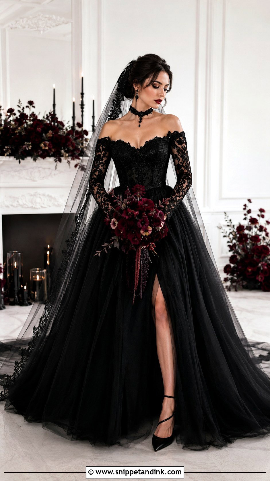 Black Off Shoulder Gothic Wedding Dress - Snippet and Ink - 30 Gothic Black Wedding Dresses