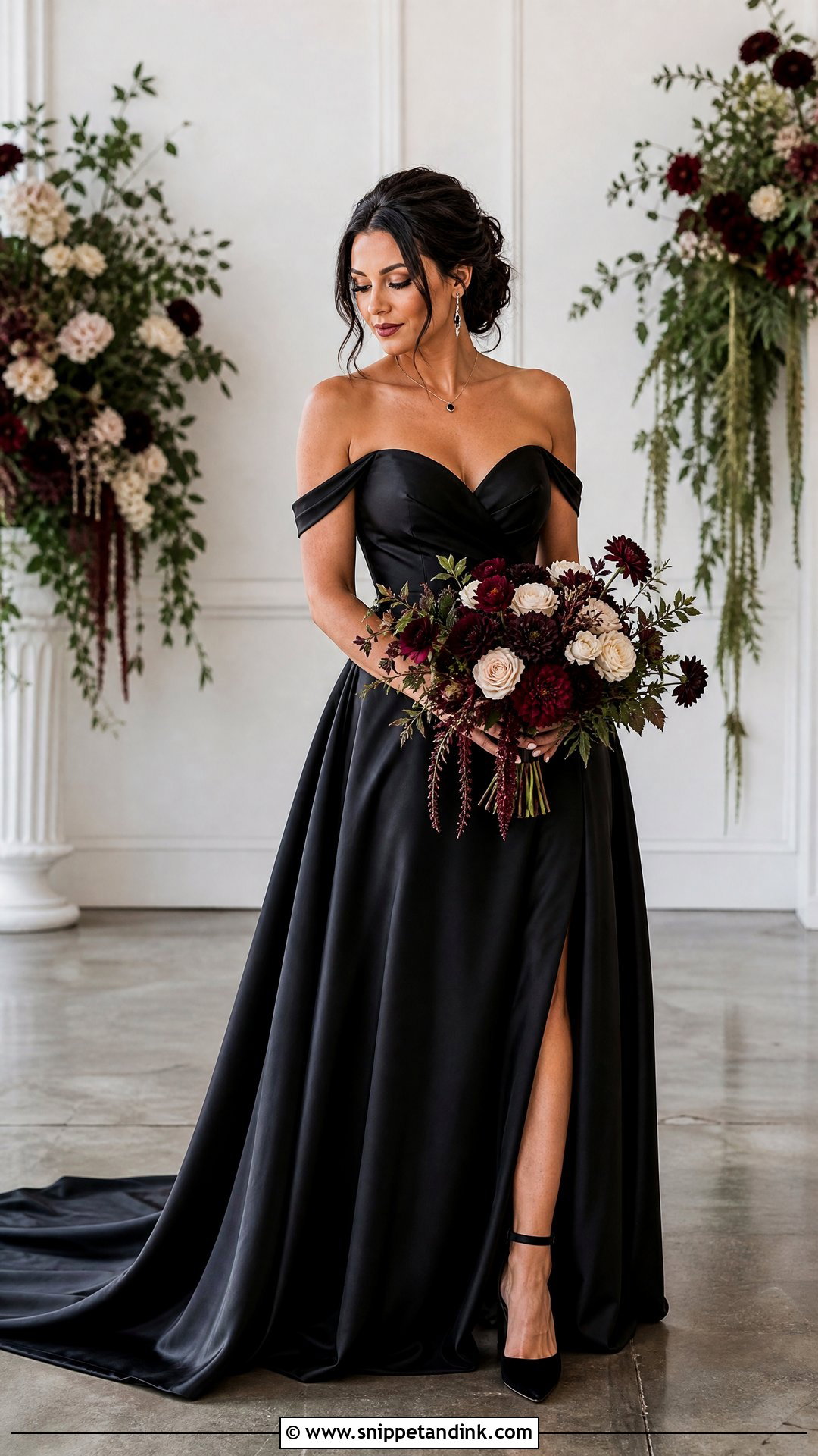 Black Off Shoulder Wedding Dress - Snippet and Ink - 25 Dark Romantic Wedding Dress Ideas