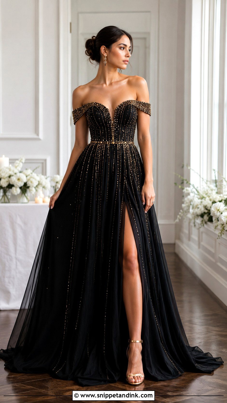 Black Off Shoulder Wedding Dress With Gold Beading - Snippet and Ink - 25 Black and Gold Wedding Dress Ideas