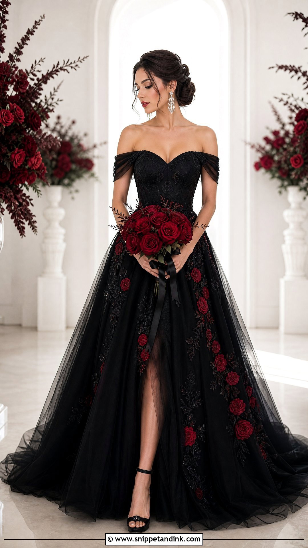 Black Off Shoulder Wedding Dress With Red Roses - Snippet and Ink - 25 Red and Black Wedding Dress Ideas