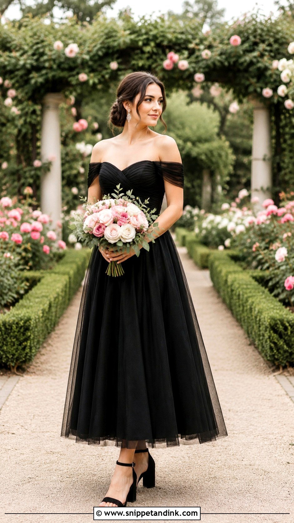 Black Off Shoulder Wedding Dress in a Rose Garden - Snippet and Ink - 20 Black Wedding Dress Photoshoot Ideas