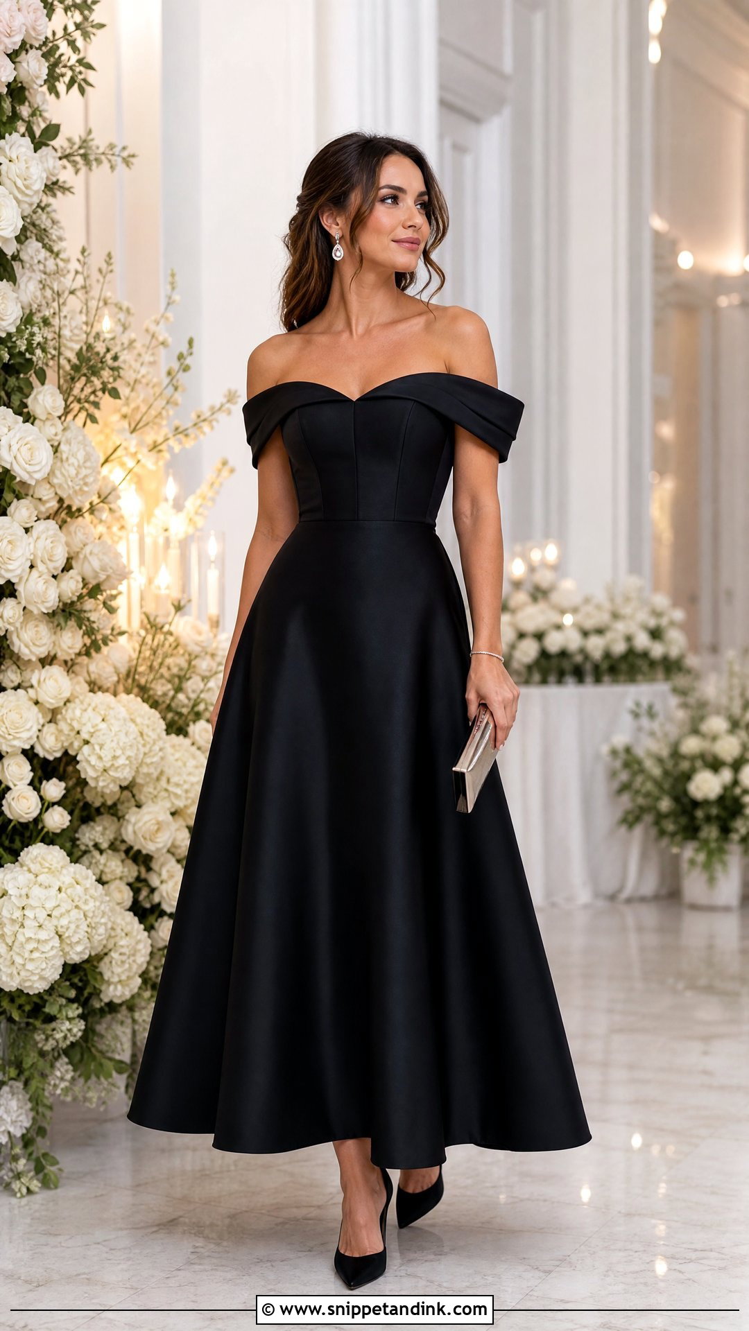 Black Off Shoulder Wedding Party Dress With Black Pumps - Snippet and Ink - 20 Wedding Party Black Dresses