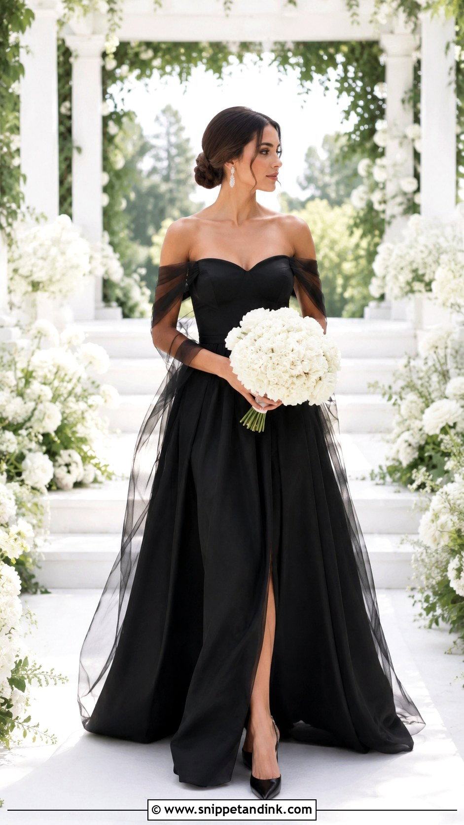 Black Off the Shoulder Elopement Dress - Snippet and Ink - 20 Black Elopement Dress Ideas