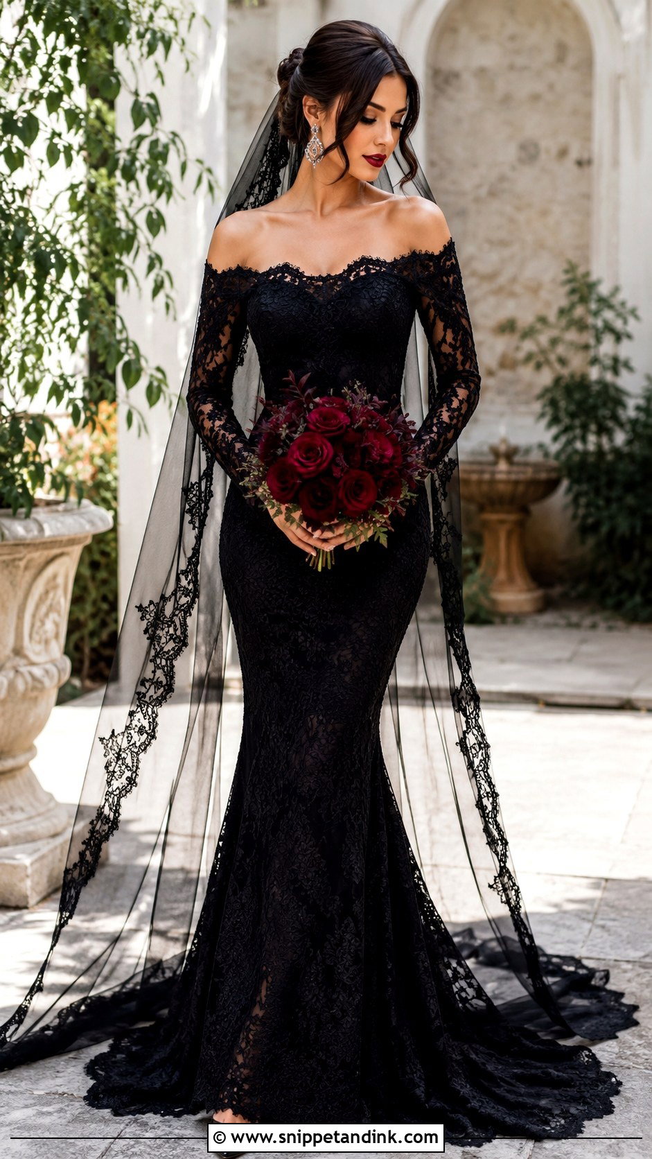Black Off the Shoulder Lace Wedding Dress - Snippet and Ink - 20 Black Goth Wedding Dress Ideas