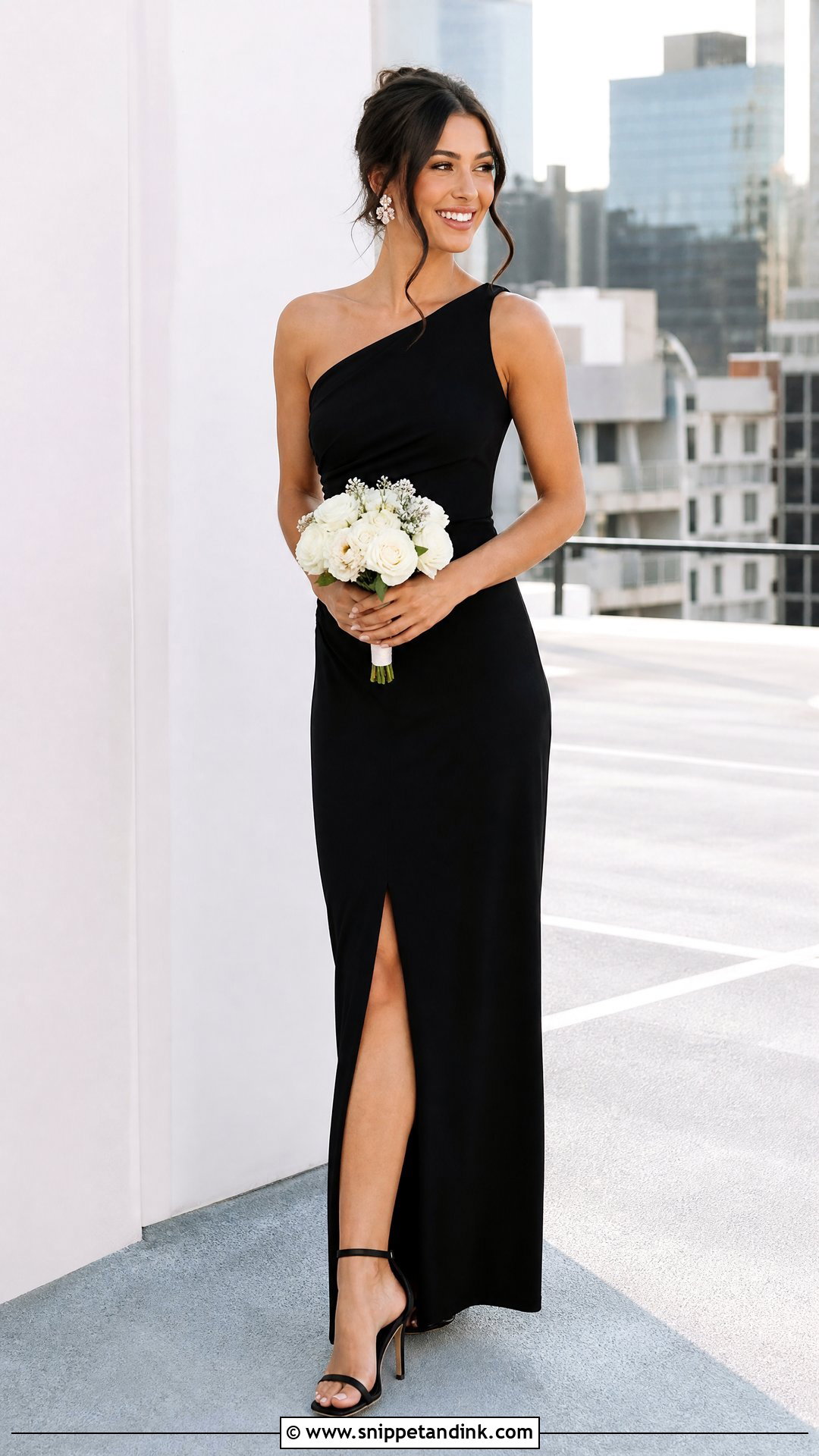 Black One Shoulder Bridesmaid Dress Outfit - Snippet and Ink - 25 Black Bridal Party Ideas