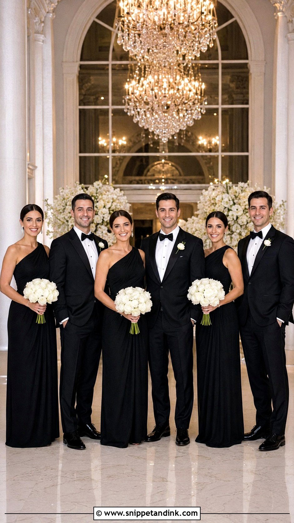 Black One Shoulder Gowns And Shawl Collar Tuxedos - Snippet and Ink - 20 Black and White Wedding Party Attire Ideas